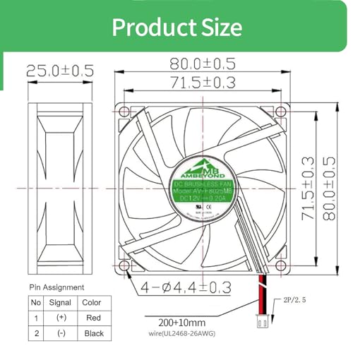 12V DC 8025 Fan Dual Ball Bearing Brushless Cooling Fan 2pin AV-F8025MB | 80mm x 80mm x 25mm Cooling Fan 3.15inch for PC PSU, incubator, RV fridge