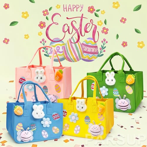 PARSUP 4PCS Easter Egg Hunt Bags Happy Easter Bunny Gift Bags with Handles, Easter Treat Bags, Felt Easter Bags for Gifts Wrapping, Egg Hunt Game, Easter Party Supplies, 12" x7.8" x6.8"