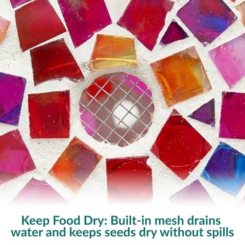 Sunnydaze Mosaic Glass Bird Feeder, Fly-Through, Crimson Mosaic | 6" Small Unique Hanging Bird Feeder for Outdoors, Drainage Hole, Weather-Resistant, Birdfeeder for Cardinals, Jays, & Finches - color: Crimson Mosaic