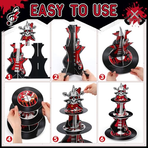 3 Tier Rock and Roll Music Party Decoration Cupcake Stand Music Guitar Cupcake Tower Rock and Roll Cake Holder Retro 1950's Dessert Tower for 50s Retro Hip Hop Birthday Party Supplies - style: Rock