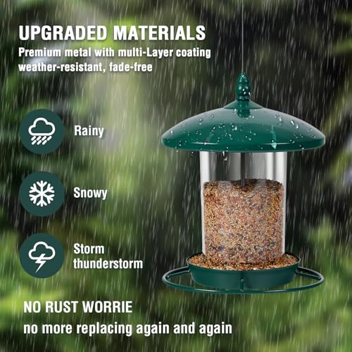 Metal Bird Feeder for Outdoors Hanging,3.0LB Seed Feeder,Easy to Fill & Clean,360° Feeding,Chew Proof Weatherproof Roof for Gardens and Wild Birds,Green - color: Green