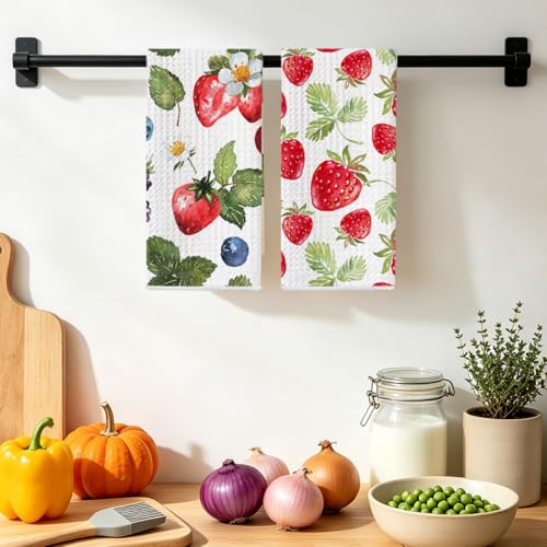 2 Pcs Strawberry Kitchen Towels, Summer Fruits Seamless Pattern Hand Towels | Strawberry Gifts for Women Mom Grandma, Absorbent Microfiber Dish Cloth Tea Towel for Kitchen Home Decor 24x14 Inch - color: Multi 1382