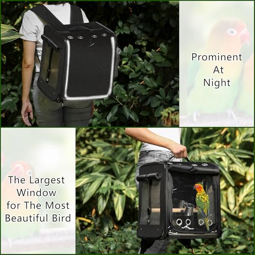 Bird Carrier with Seat Belt for Car Travel, Bird Backpack Carrier with Indestructible Stainless Steel Mesh, Large Bird Carrier Travel Cage, Black - color: Black, size: 13.5"L x 10.0"W x 15.5"H
