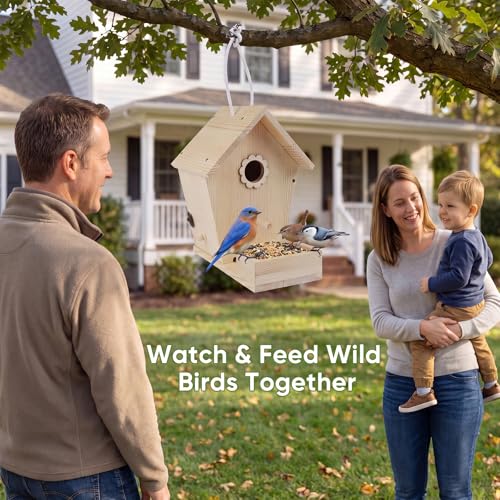 Bird House for Outside Hanging, Wooden Bird Houses for Outdoors with Feeding Tray, Bird Nesting Box for Garden Patio Tree Fence, Easy Clean Birdhouse with Hanging Rope for Small Wild Birds