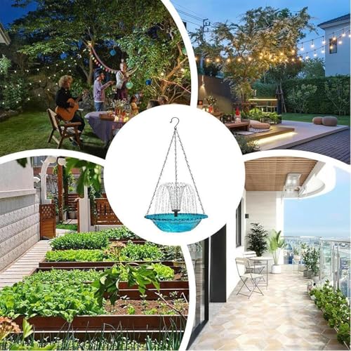 Hanging Bird Bath Fountain, Blue Glass Hanging Bird Bath with Water Fountain, Decorative Outdoor Bird Bath for Garden Yard Patio, Bird Water Feeder for Wild Birds