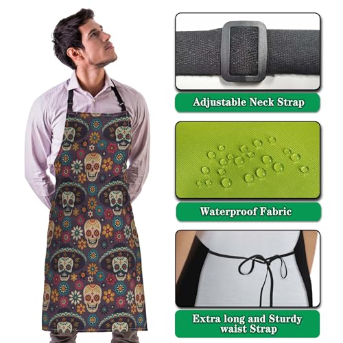 Chef Apron for Men Mexican Sugar Skulls Flowers Craft Aprons for Women for Kitchen Cooking Restaurant BBQ Painting Crafting 27” (W) x 31” (H), Waterproof Aprons - color: Mexican Sugar Skulls Flowers