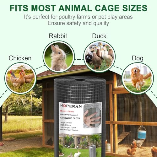 HOPERAN Black Hardware Cloth 1/2 Inch 36 x 100 Ft 19 Gauge Chicken Wire | Vinyl Coated Welded Chicken Wire Fencing Mesh, PVC Wire Fence Roll for Garden Fence, Gopher Wire and Poultry Netting Cage - size: Black 1/2" 36in × 50ft