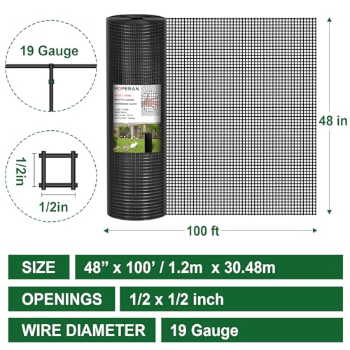 HOPERAN Black Hardware Cloth 1/2 Inch 48 x 100 Ft 19 Gauge Chicken Wire | Vinyl Coated, PVC Coated Welded Mesh Roll, for Garden Fencing Gopher Wire Rabbit Cage Poultry Netting - size: 1/2inch 48in×100ft
