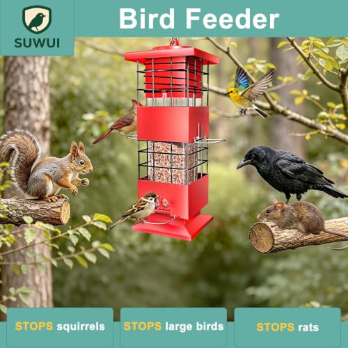 Squirrel Proof Bird Feeder, 3.5Lbs Metal Wild Bird Feeders Anti Squirrel with 4 Feeding Ports for Garden Bird Feeding Station Outdoors Hanging, Pigeon Resistant, Easy to Clean & Refill (Red) - color: Red