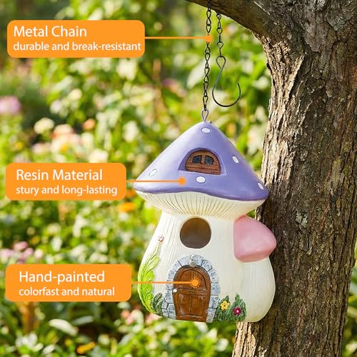 WUWEOT Garden Bird House for Outside Clearance, Resin Hanging Birdhouse, Decorative Mushrooms Humming House, Bird Blue Wren Finches Bluebird Nesting for Home Garden Yard Patio Outdoor
