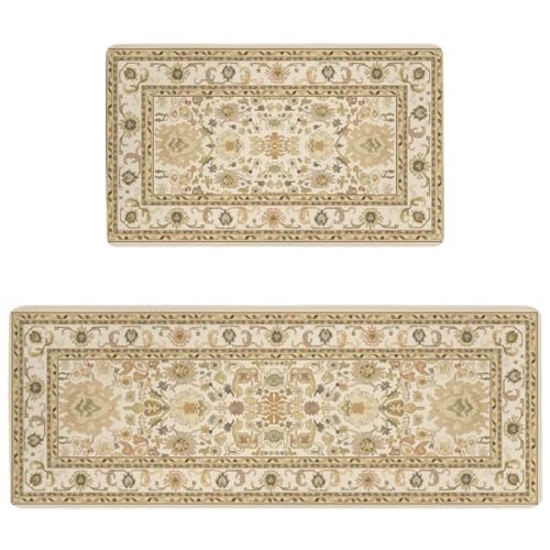 Boho Kitchen Mat, 2PCs, 17.3" x 47" + 17.3" x 29", Cream & Gold | Non-Slip Cushioned Comfort Washable Anti-Fatigue Floor Rug, Ergonomic Standing Rugs, Set of 2 for Home, Sink, Laundry - color: Black-1