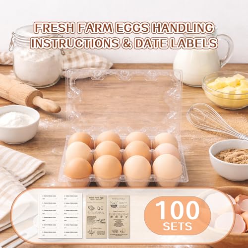 WIKDAY Plastic Egg Cartons 100 Pack 12 Count Cheap Bulk Clear | with Date Tracking Stickers Egg Care Instructions, Dozen Reusable Empty Egg Containers for Chicken Eggs Storage Farm Markets