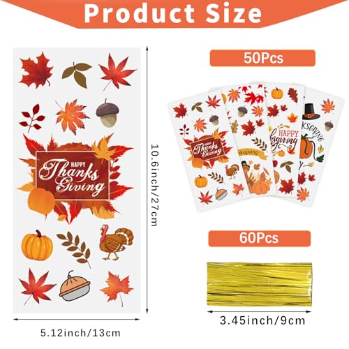 QOIUSO 50PCS Thanksgiving Treat Bags with 60 Twist Ties – Fall Cellophane Gift Bags for Cookies, Candy, Snacks, and Party Favors – Pumpkin, Turkey & Maple Leaf Thanksgiving Goodie Bags for Kids - color: Thanksgving-50pcs