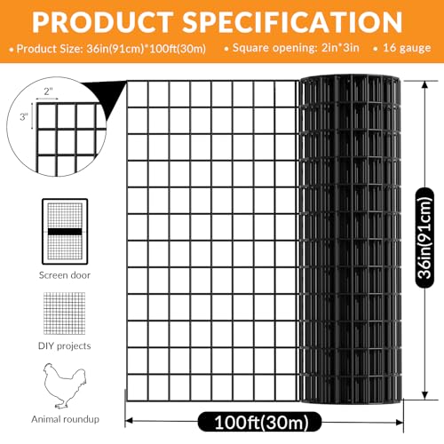 Welded Wire Fence, 36 Inch x 100 Foot Black PVC Coated Wire Mesh, 2 Inch x 3 Inch 16GA Garden Border Fencing Roll Vinyl Coating Metal Wire Mesh for Yard Vegetable Plant Protection Poultry Netting - size: 36X100ft
