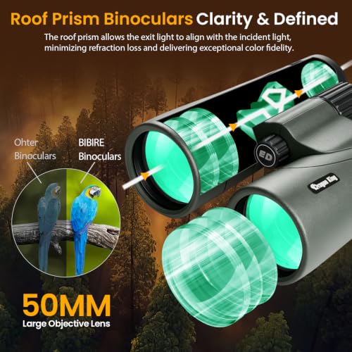BIBIRE 12x50 Binoculars for Adults, HD Roof Prism Compact Binoculars Large Eyepiece Waterproof Binocular for Cruise Bird Watching Hunting