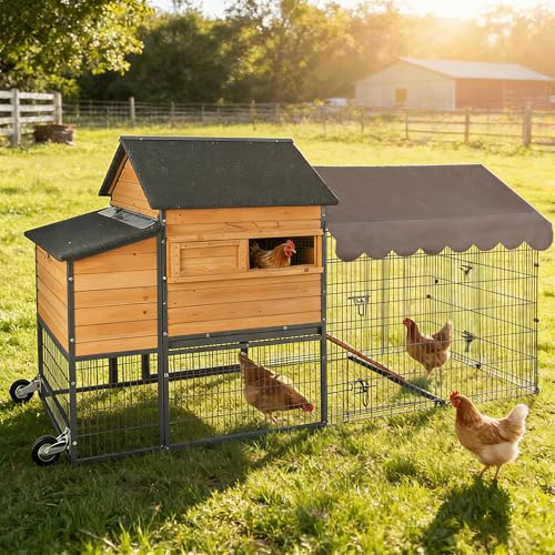GUTINNEEN 85.6" Large Chicken Coop with Run for 6-8 Chickens, Heavy Duty Chicken Tractor with Wheels, Wooden Chicken House with Reinforced Steel Frame, Nesting Box & Pull-Out Metal Tray - color: (Brown-AIR7006)