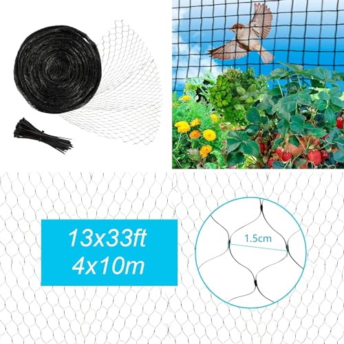 Unves Bird Netting, 13 x 33 Ft Heavy Duty Fruit Tree Netting for Garden | Bird Net for Seedlings Plants Vegetables Fencing Protection from Birds and Animals, with 50 Pcs Cable Ties - color: Black, size: 13 x 33 Ft