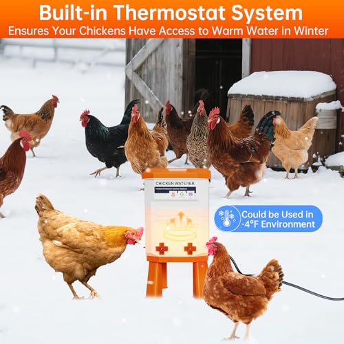 Heated Chicken Waterer, Thermostatically Controlled Poultry Water Heater for Winter, 4 Horizontal Nipples and 8 Support Legs, Anti-Freezing Watering System for Coop Accessories (7L-Red) (Orange, 12L)
