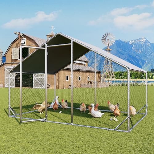 Aoxun Metal Chicken Coop, Outdoor Chicken Runs for Yard with Cover, Spire Roof Hen House Enclosure with Security Lock, Walk-in Cage Peak Hen House for Yard Farm (10x6.5x6.4 FT) - size: 120.0"L x 77.0"W x 76.8"H