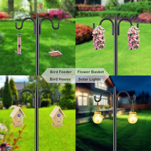 Gtongoko Bird Feeder Pole for Outdoors Heavy Duty, 2 Pack 77 Inch Double Shepherds Hook with 5-Prong Stable Base, 3/4 Inch Thick Hummingbird Feeder Stand for Hanging Plants, Lanterns - size: 77 Inch