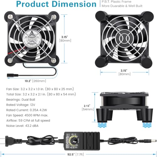 GDSTIME 80mm Computer Fan with AC Plug, Variable Speed PC Fan w/Controller | 110V 120V 220V 240V, Small 12V Brushless Case Cooling, for Aquarium, Terrarium, Modem, Electronics Components, DIY Projects - size: 8025 w/ Speed Controller