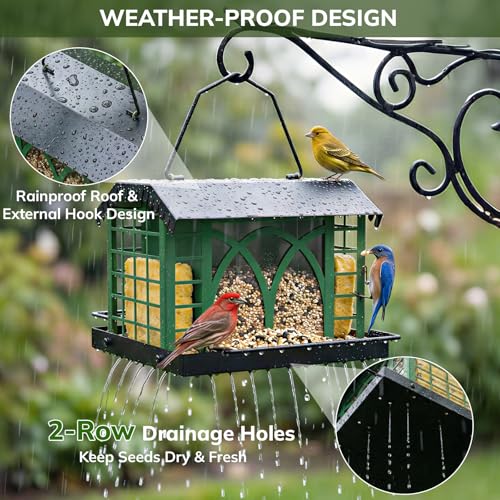Bird Feeders for Outdoors Hanging, Metal Bird Feeder with Double Suet Cage Weatherproof Metal Roof, 3.5Lbs Large Capacity Great for Attracting Finch Cardinal Chickadee Wild Birds, Branch Green - color: Branch Green