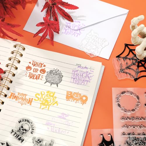 Whaline 5 Sheets Halloween Clear Stamps Gnome Pumpkin Spider Silicone Transparent Stamps Trick or Treat Border Stamp Cards for DIY Card Making Scrapbooking Embossing Album Decor - style: Halloween