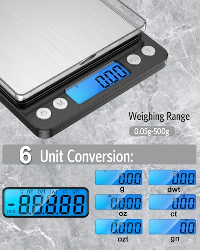 AMIR Digital Kitchen Scale, 500g/0.01g Mini Pocket Jewelry Scale, Cooking Food Scale with Backlit LCD Display, 2 Trays, 6 Units, Auto Off, Tare, PCS Function, Stainless Steel, Battery Included, Black - color: Black