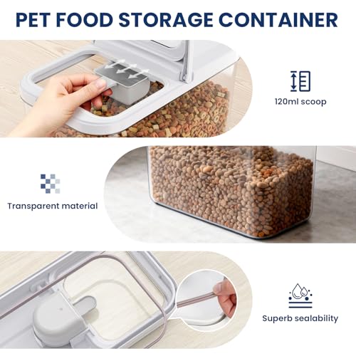LEAWALK 12 Lbs Airtight Dog Cat Food Storage Container and Dog Treat Containers BPA-Free, PET Clear Stackable Pet Storage Bin, 1-Cup Scoop, 1-Sponge cleaning brush, Pop Top, With handle, Easy Mobility - color: Milky White 12L-A