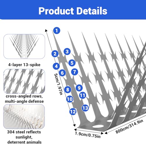 Bird Spikes Squirrel Proof Baffle for Bird Feeders, 320 Inch Avoid Climb Spikes for Outside, Fence, Wall, Tree, Drainpipes, Deterrent Spikes for Squirrel, Pigeons, Raccoon, Cat, Stainless Steel Spikes - size: 26.25FT