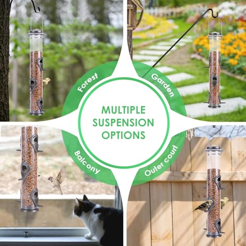 2PK Metal Bird Feeders with 6 Feeding Ports,Tube Bird Feeder with Steel Hanger,Hard Plastic Wild Bird Feeder for Outdoors Hanging, Attracting Birds in Your Lawn, Garden, Balcony (Grey) - color: Grey 2 PACK
