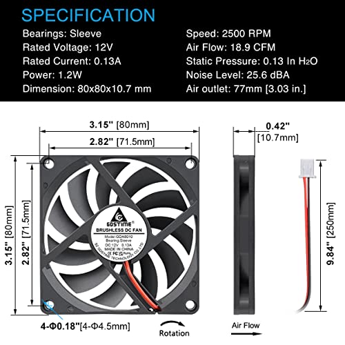GDSTIME 80mm x 80mm x 10mm 12V Computer Case Brushless DC Cooling Fan 2Pin | Slim PC Fan 10mm, Replacement for Tight Spaces, 3D Printer Power Supplies, Hard Drive Case, MATX PSU - 8010, 80x80x10mm - size: 80x80x10mm