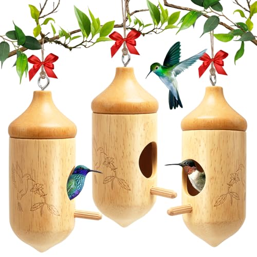 Hummingbird House, Small Hummingbird Houses for Outside | Wooden Bird House with Bow, String, Cute Gardening Gifts Home Decoration, Attractive Hummingbird Garden Decor - color: Style-2, size: 3 Pack