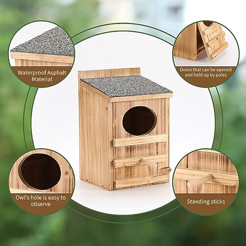 Owl Houses for Outdoors, Prebuilt Outdoor Nesting Box for Owls,Waterproof | Easy-clean access with asphalt roof, screws and wood shavings included, Ideal for Owls, Wildlife, Garden Decoration