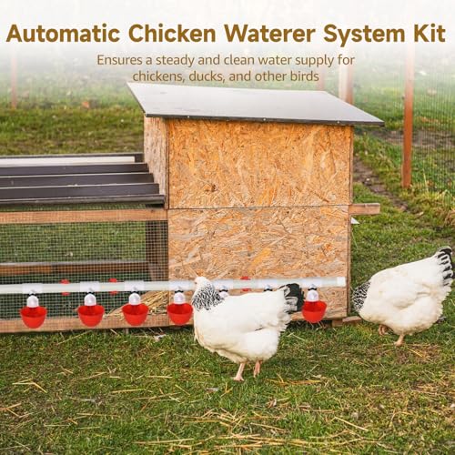 Automatic Chicken Waterer System - Complete PVC Pipelines Set with 8 Deep Drinking Cups, T Connectors, Float Valve, Automatic Pipe Feeder Poultry Watering Kit, Easy DIY Setup
