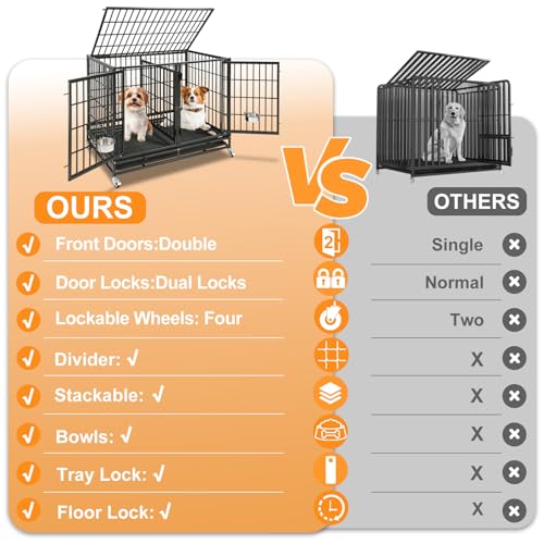 Homey Pet Taller 43" Dog Crate Cage Kennel Indoor with Divider, Two Tiers | Commercial Modular Dog Kennel with Dual Front Doors, Divider, Auto Locks, Removable Tray, Bowls for Small and Medium Dogs - size: 43"L - 2 Tiers