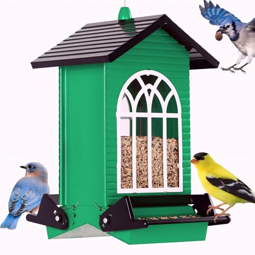 Gbekery Squirrel Proof Bird Feeder for Outdoors,5LB Large Capacity,Metal Wild Bird Seed Feeder with Bilateral Weight-Activated Perches for Outside Hanging,Garden Decoration,Green - color: Green