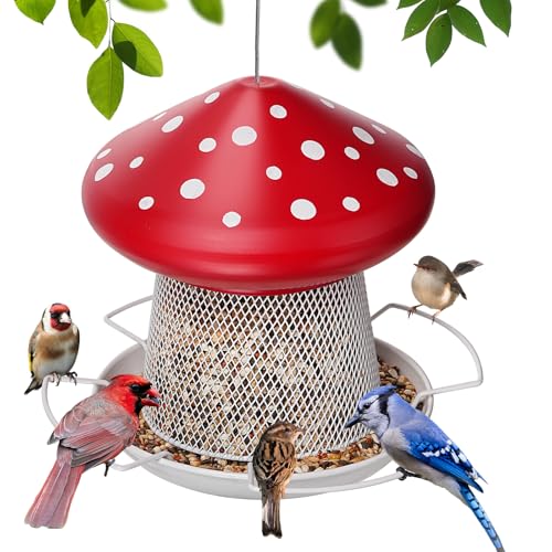 Bird Feeder, Heavy Duty Metal Bird Feeders for Outdoor Hanging | Wild Birdfeeder, 3LB Capacity, 4 Perches, Sturdy, Cute Mushroom Shape, For Outside Garden Yard - color: Red