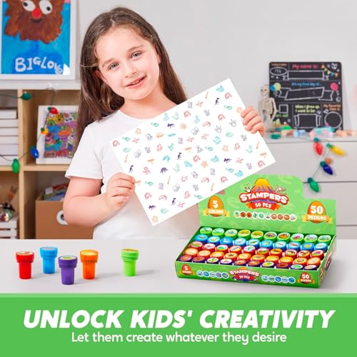 JOYIN 50PCS Dinosaur Stamps for Kids, 50 Different Designs, Fossils, Sea Dinosaurs, Stamps for Dinosaur Party Favor Bags, Classroom Prizes Stuffers, Treasure Box Toys, Birthday Gift - style: Dinosaur