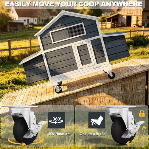 Large Chicken Coop with Wheels, Waterproof Outdoor Hen House for 6-8 Chickens, Movable Chicken House with Two Nesting Box, Removable Tray, PVC Cover, Wooden Duck Coop Rabbit Hutch(Black) - size: 61.0"L x 33.0"W x 58.0"H