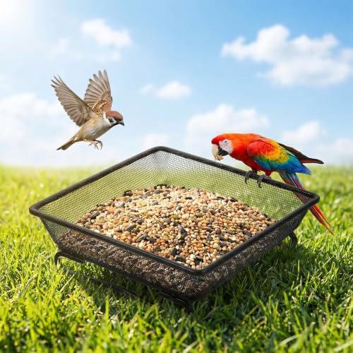 2 Pack Metal Ground Bird Feeder Tray, Platform Feeders with Drainage Holes – Weather-Resistant Mesh Seed Tray for Wild Birds, Squirrels, Doves, and Cardinals, Garden & Backyard Decoration