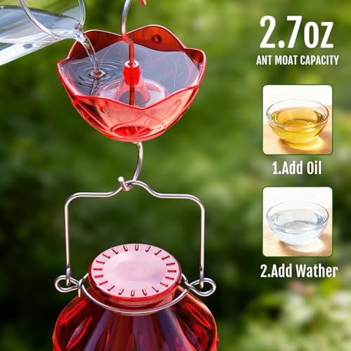 Birdream Hummingbird Feeders for Outdoors, 25oz Glass Hummingbird Feeder with Perch & 5 Bee Guard Feeding Ports, Leak Proof, Includes Ant Moat and Cleaning Brush, Gift for Women Mom, Red - color: Red