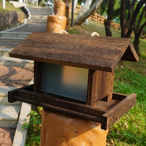 Hanging Wooden Bird Feeder Outdoor Large Capacity Wood Birdfeeder with Surface Treatment for Feeding Outside Garden Wild Birds Finches Robin Sparrow Blue Jay Chickadees - color: Dark Wood Color