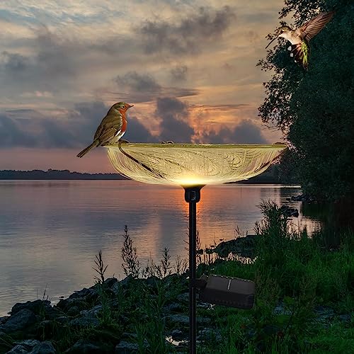 Bird Bath for Outdoors Solar Powered Glass Bird Bath Bowl with Metal Stake for Yard Lawn Garden Decorations, Transparent
