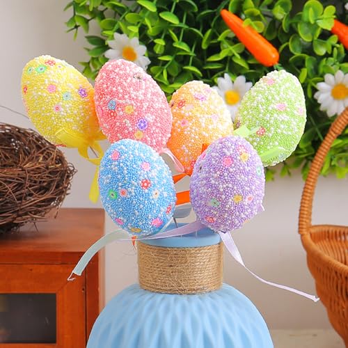 Foam Easter Egg Picks Glitter Puffy Styrofoam Stick Party DIY Craft Table Centerpiece Colorful Decoration Accessories Cake Toppers 6 Pcs