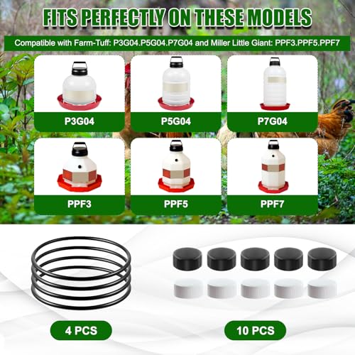 Plastic Poultry Waterer Replacement Parts Kit | 10 Caps & 4 O-Rings, Compatible with Miller, Little Giant PPF & Farm-Tuff 3/5/7 Gallon Poultry Founts (Black & White) - color: Black & White