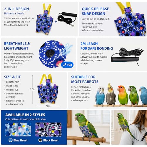Parrot Flight Suit with Elastic Leash, 2-in-1 Vest & Traction Set, Quick-Release Design, 2 Colors (Blue Heart/Black Heart), Polyester, 7.48x7.87in, for Budgie Cockatiel Lovebird (Black Heart) - color: Black Heart