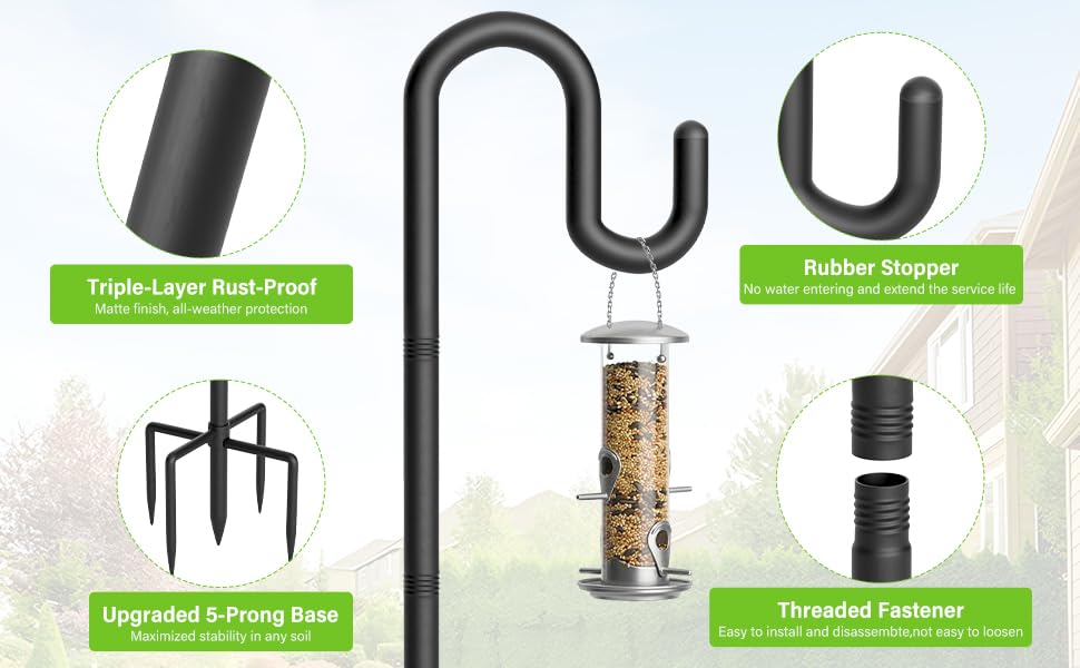 Shepherds Hook for Bird Feeder, 92" Heavy Duty Double Bird Feeder Pole with 5-Prong Base, Thickened Metal Shepherd Hook for Outdoor Hanging Flower Baskets, Solar Lights, Black, 1 Pack - size: 92", style: 1 Pack