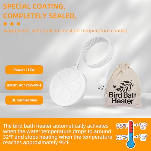 110W Bird Bath Heater for Outdoors in Winter–Submersible Pond Deicer,Cast Aluminum Thermostatic Chicken Water Heater,Power Cord 4.92 Ft/1.5M(White) - color: White