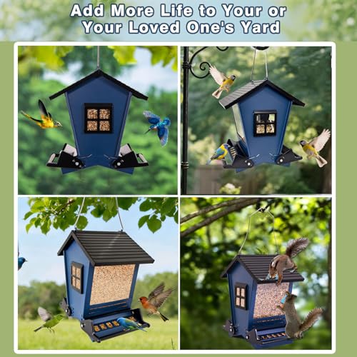 LSCQYYCCSquirrel Proof Bird Feeders for Outdoors Hanging, 5LB Capacity Metal Wild Birdfeeders Outside Hanging,Large Feeder That Attracts Cardinals, Chickadees, and More Birds-One in Blue - color: Blue